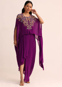 Purple Embroidered Chiffon Skirt And Cape