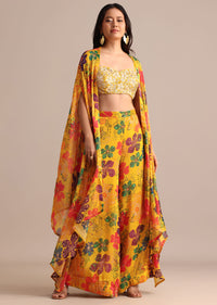 Yellow Embroidered Chiffon Palazzo Suit With Jacket
