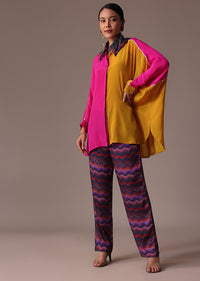 Pink And Yellow Colour Block Print Silk Co Ord Set