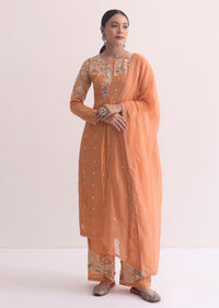 Orange Resham Kurta Pant Set With 3D Florals