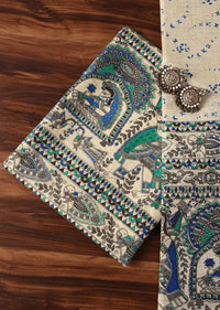 Blue And Beige Madhubani Block Print Unstitched Salwar Suit