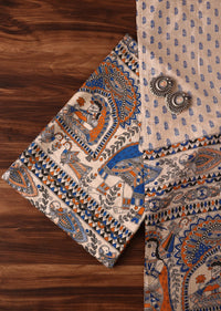 Beige And Dark Blue Madhubani Block Print Unstitched Salwar Suit