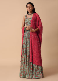 Pista Green Printed Lehenga With Embroidered Choli And Dupatta