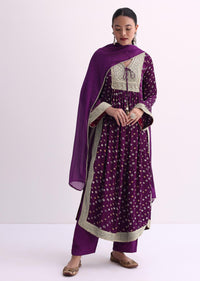 Purple Bandhani Print Kurti Pant Set With Dupatta