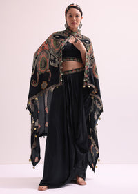 Black Printed Croptop And Skirt Set With Cape