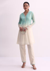 Ice Blue White Two Toned Embroidered Kurti Pant Set