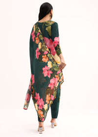 Dark Green Floral Satin Printed Kurta Set With Dupatta