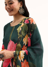 Dark Green Floral Satin Printed Kurta Set With Dupatta