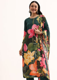 Dark Green Floral Satin Printed Kurta Set With Dupatta