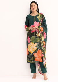 Dark Green Floral Satin Printed Kurta Set With Dupatta