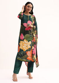 Dark Green Floral Satin Printed Kurta Set With Dupatta