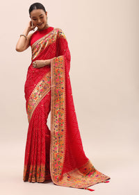 Red Bandhani Silk Saree With Unstitched Blouse