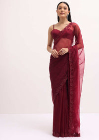 Red Embroidered Organza Saree With Unstitched Blouse