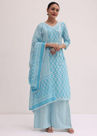 Blue Embroidered Kurta Palazzo Set In Block Print