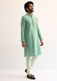 Green Silk Self Work Kurta Set For Men