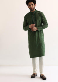 Green Silk Mirror Embroidered Kurta Set For Men