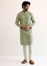 Green Rayon Sequin Embroidered Kurta Set For Men