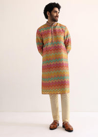 Yellow Silk Printed Kurta Set For Men