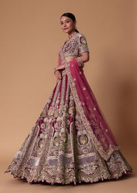 Red Velvet Raw Silk 16 Kali Zardosi Lehenga With Pearl Blouse Set