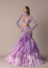 Purple Fish Cut Trail Skirt Lehenga Set with 3D Crystal And Feather Detailing