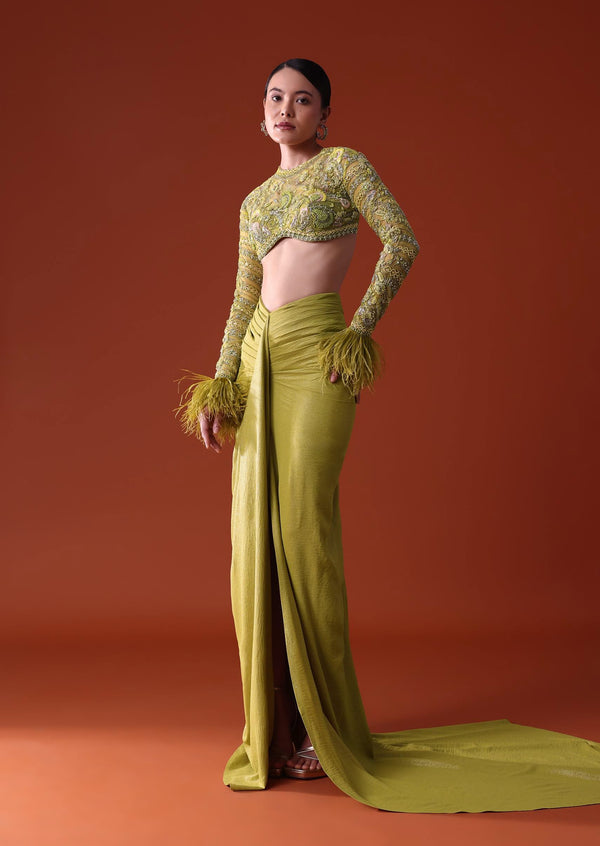Citrus Green imported Fabric Net Draped Trail Skirt With Feather Embellished Bustier