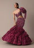 Wine Fish Cut One Shoulder Gown With 3D Organza Frills