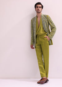 Green Linen Satin Lapel Tuxedo Jacket With Shirt And Pants