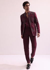 Maroon Linen Satin Hand Embellished Jodhpuri With Shirt And Pant