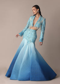 Blue Ombre Organza Fishcut Skirt With Tassel Short Jacket