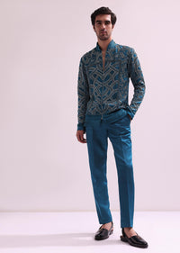 Blue Metallic Chain Bomber Jacket With Shirt And Pants