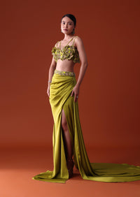 Lime Green Zardosi Draped Slit Skirt With 3D Multi Strap Blouse