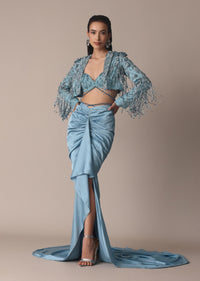 Blue Fish Cut Gathered Zardosi Draped Skirt And Tassel Jacket Set