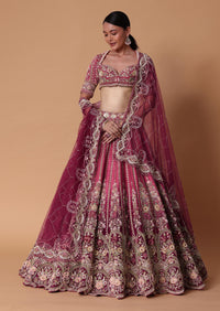 Red Velvet Silk 16 Kali Zardosi Lehenga With Crystal Blouse And Two Dupattas