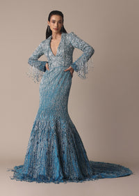 Blue Fish Cut Ombre Trail Embroidered Gown