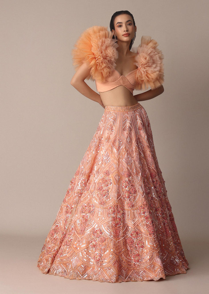 Peach Organza Embroidered Lehenga Set With Floral Ruffle Blouse