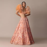 Peach Organza Embroidered Lehenga Set With Floral Ruffle Blouse