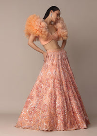 Peach Organza Embroidered Lehenga Set With Floral Ruffle Blouse