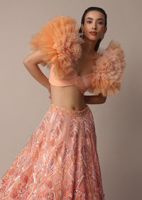 Peach Organza Embroidered Lehenga Set With Floral Ruffle Blouse