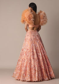 Peach Organza Embroidered Lehenga Set With Floral Ruffle Blouse