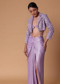 Lilac Foil Print Draped Slit Skirt With Bustier And Short Jacket