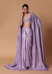 Lilac Foil Print Draped Skirt With Bustier And Pleated Cape