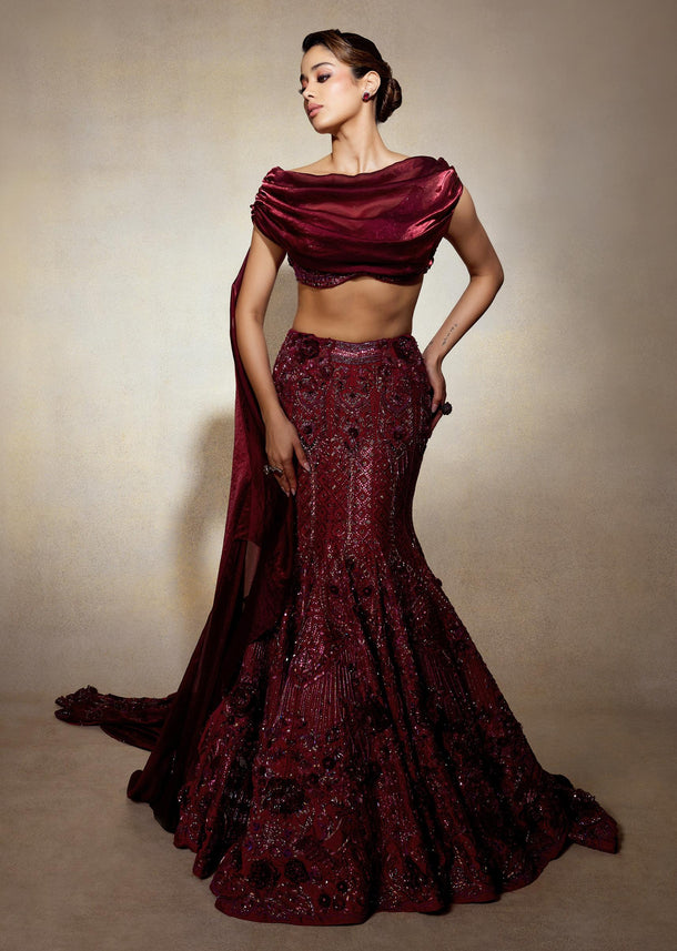 Wine Opulent Fish Cut Lehenga And Embellished Jacket Duo