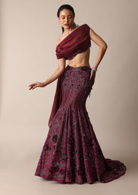 Wine Opulent Fish Cut Lehenga And Embellished Jacket Duo