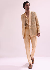 Peach Linen Satin Lapel Tuxedo With Shirt And Pants