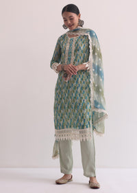 Multi Lace Kurti Pant Set With Abstract Print