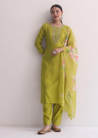 Green Beaded Kurti Pant Set With Printed Dupatta