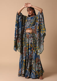 Blue Printed Lehenga With Embroidered Crop Top