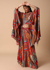 Orange Printed Lehenga With Embroidered Crop Top