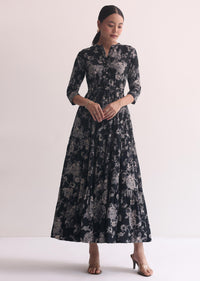 Black Printed Kurti Dress In Cotton With Belt