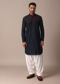 Stylish Blue Pathani Kurta Set With Pintuck Detailing